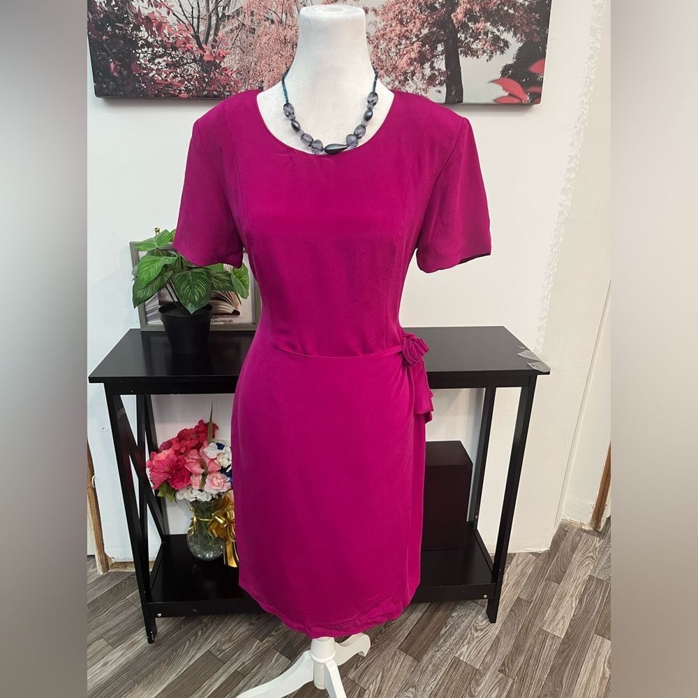Pat Argenti women Wrap Dress Size 6 Round Neck Short Sleeve Zipper Back silk
